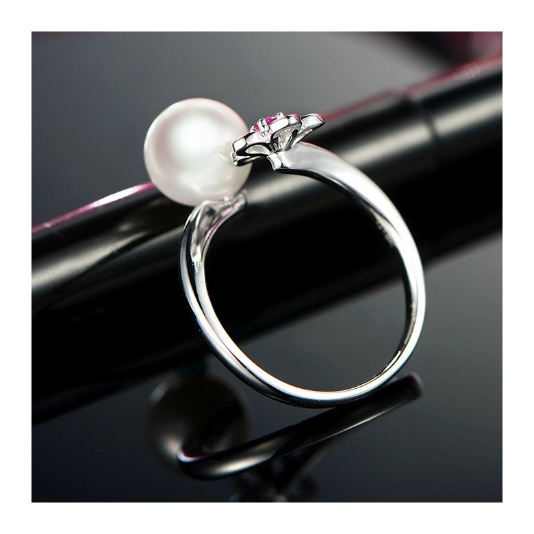 Bague fleur. Or blanc, perle Akoya et saphir rose - 5