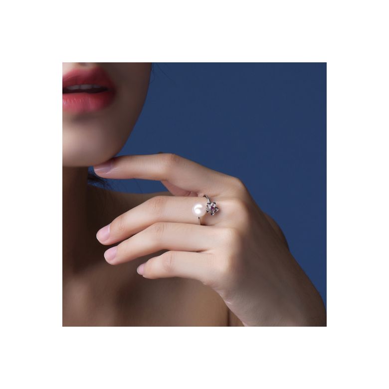 Bague fleur. Or blanc, perle Akoya et saphir rose - 2