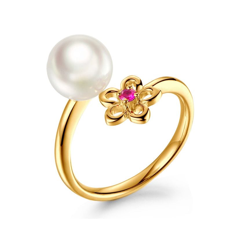Bague fleur. Or jaune, perle Akoya et saphir rose - 1