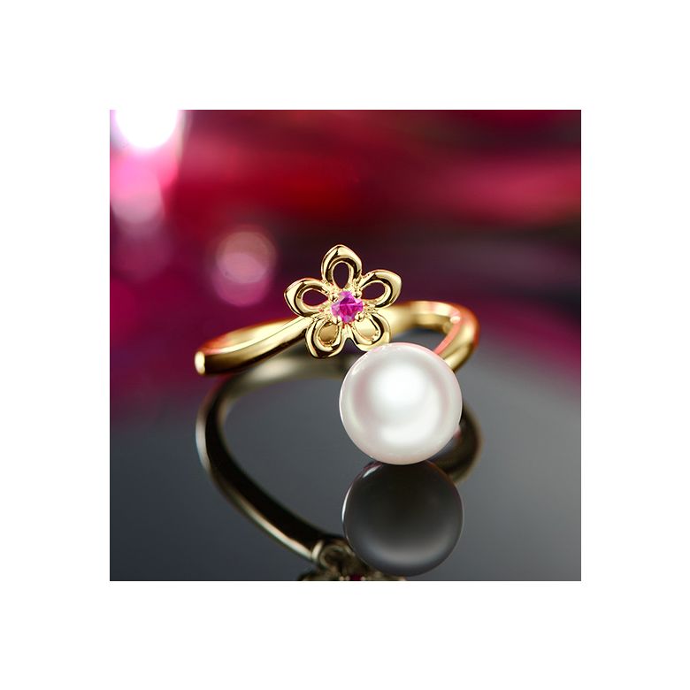 Bague fleur. Or jaune, perle Akoya et saphir rose - 4