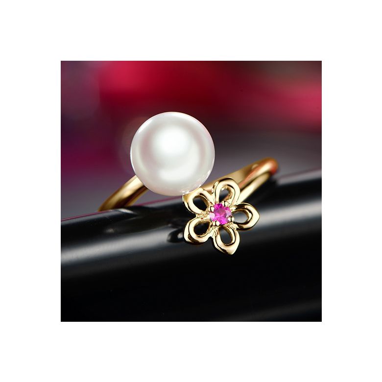 Bague fleur. Or jaune, perle Akoya et saphir rose - 5