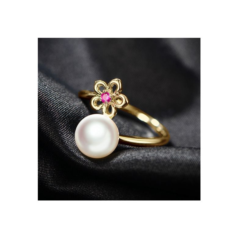 Bague fleur. Or jaune, perle Akoya et saphir rose - 3