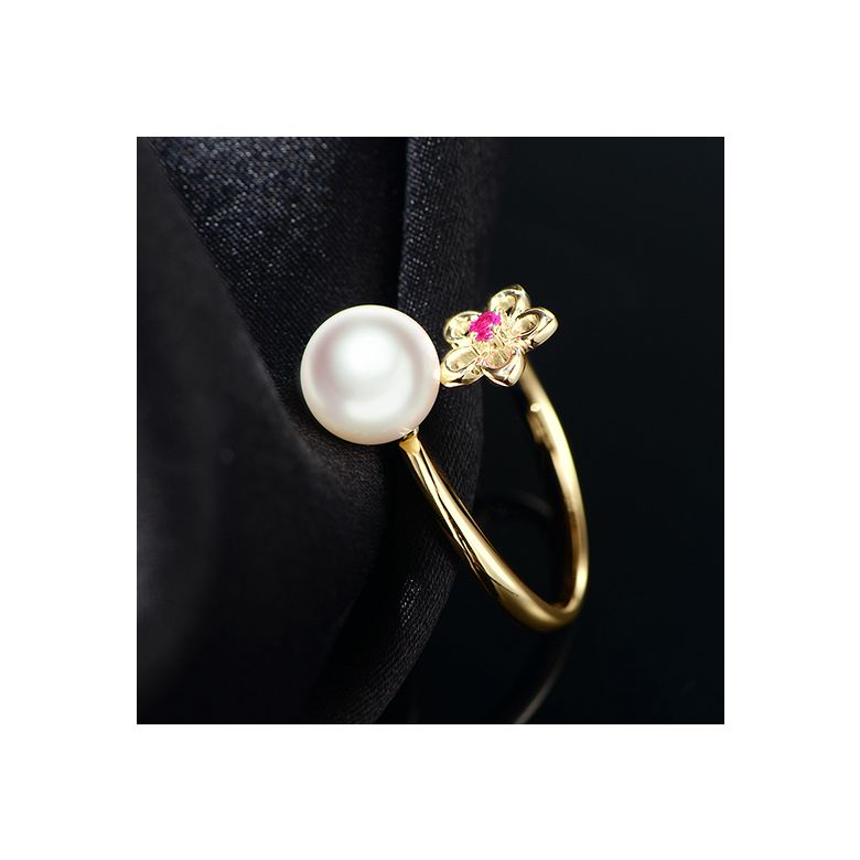 Bague fleur. Or jaune, perle Akoya et saphir rose - 6