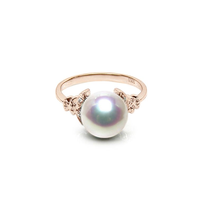 Bague or perle du Japon - Perle Akoya blanche - Or rose, diamants - 1