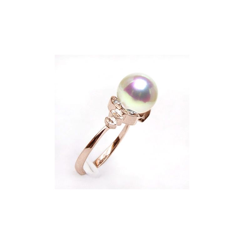 Bague or perle du Japon - Perle Akoya blanche - Or rose, diamants - 2