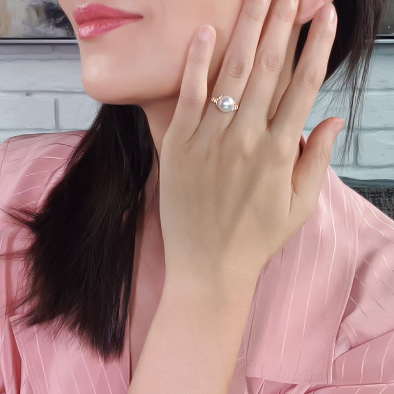 Bague or perle du Japon - Perle Akoya blanche - Or rose, diamants - 3