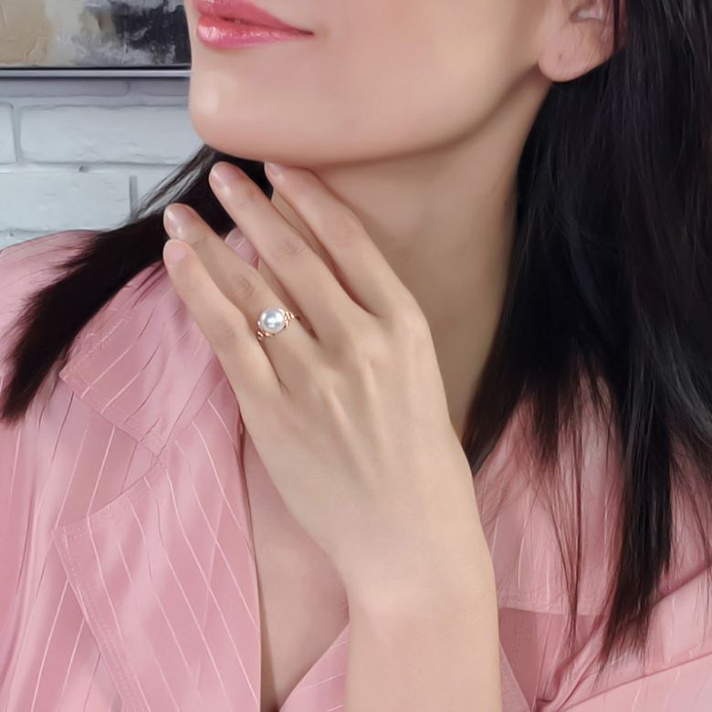 Bague or perle du Japon - Perle Akoya blanche - Or rose, diamants - 4
