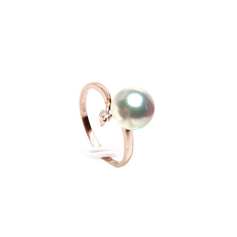Bague or rose - Perle Akoya blanche Japon - Diamants sertis 3 griffes  - 1