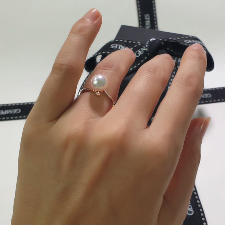 Bague or rose - Perle Akoya blanche Japon - Diamants sertis 3 griffes  - 7