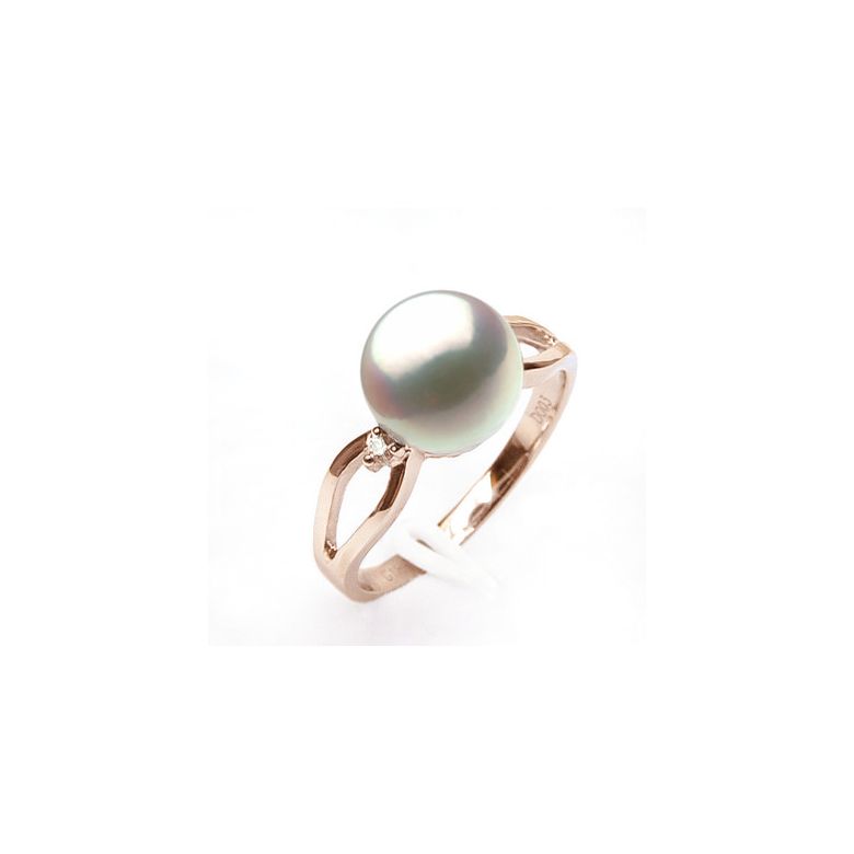Bague blanc perle culture - Or, Perle Akoya du Japon et diamants or rose - 2