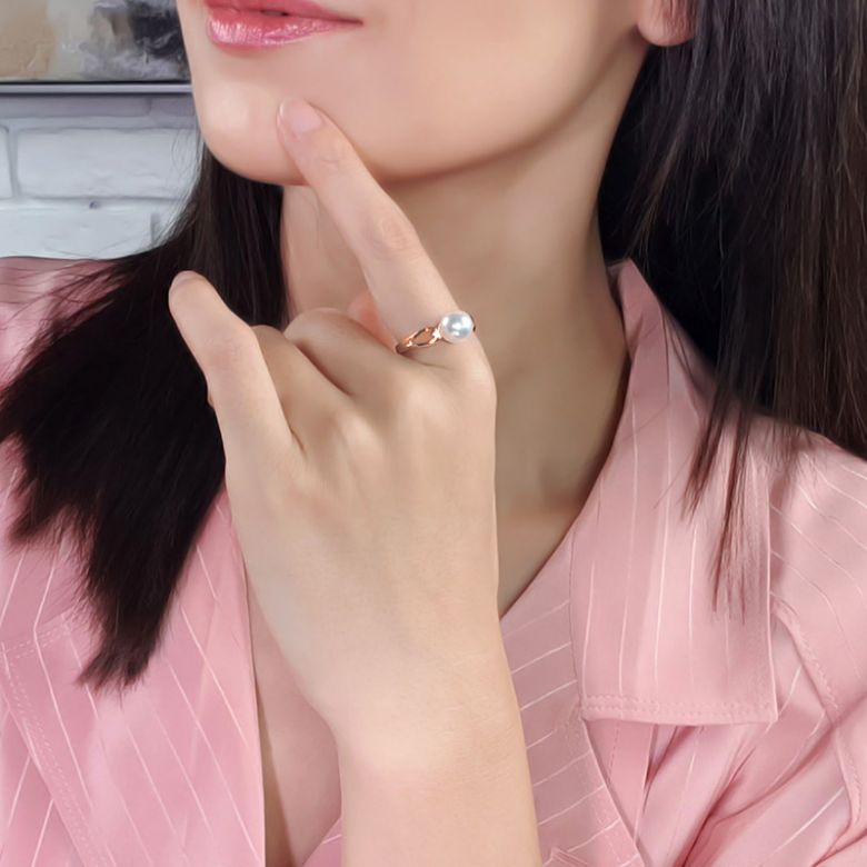 Bague blanc perle culture - Or, Perle Akoya du Japon et diamants or rose - 5