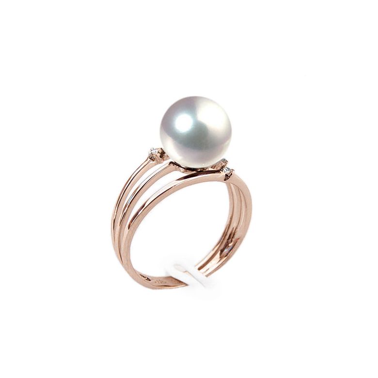 Bague or rose - Perle Akoya blanche Japon - 3 anneaux, diamants - 1