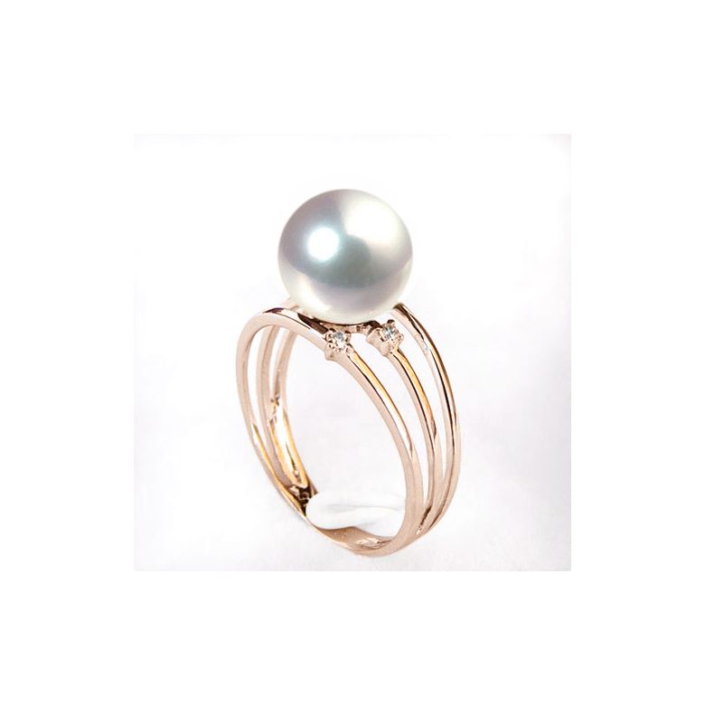 Bague or rose - Perle Akoya blanche Japon - 3 anneaux, diamants - 2