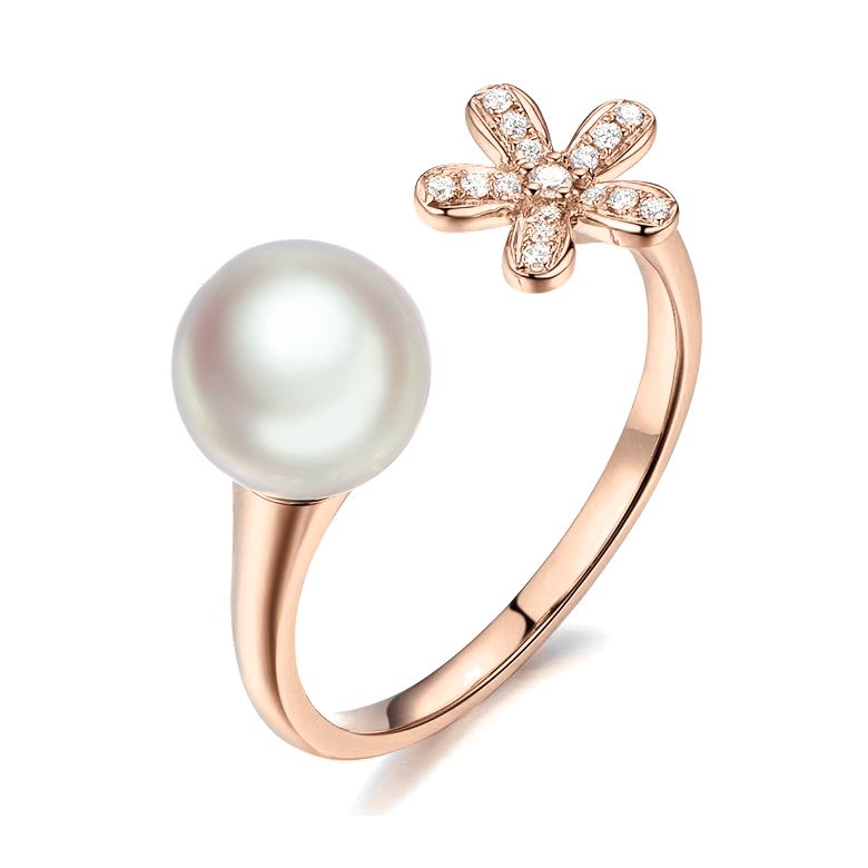 Bague fleur et perle Akoya blanche Japon. Diamants or rose - 1