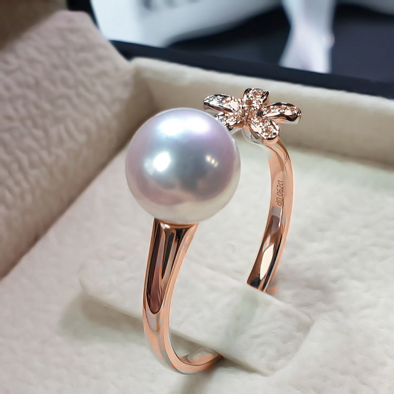 Bague fleur et perle Akoya blanche Japon. Diamants or rose - 4