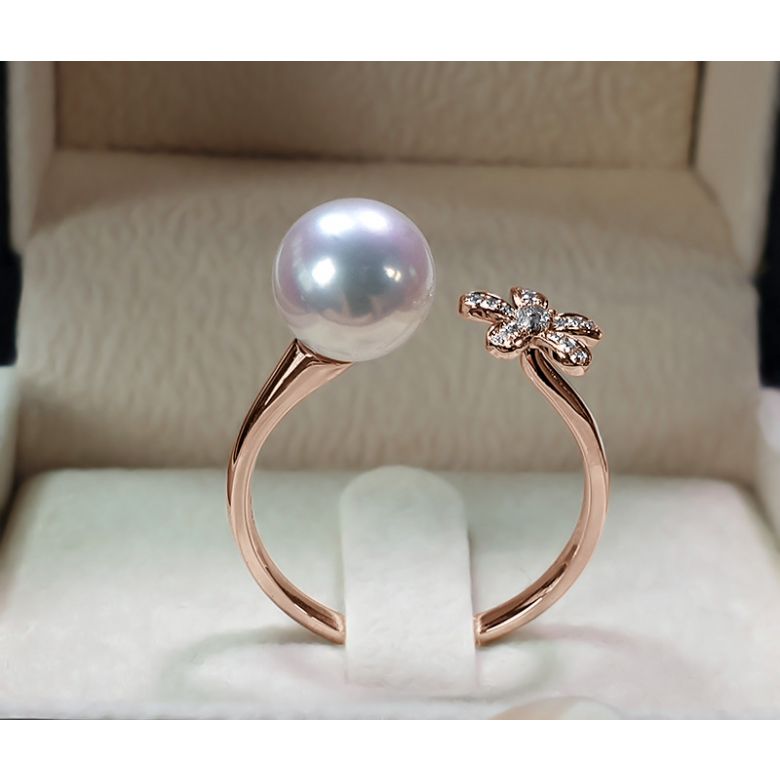 Bague fleur et perle Akoya blanche Japon. Diamants or rose - 5