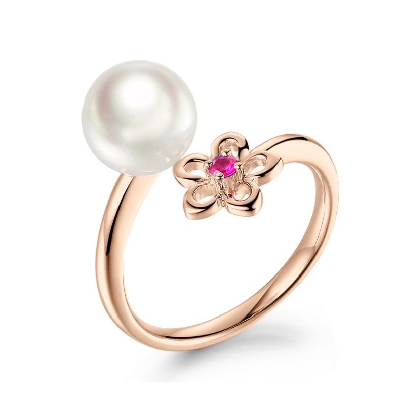 Bague fleur. Or rose, perle Akoya et saphir rose - 1