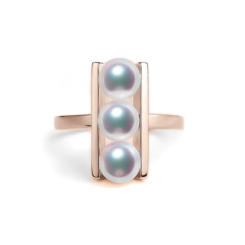 Bague 3 perles Akoya alignées et or rose 18 carats - 1