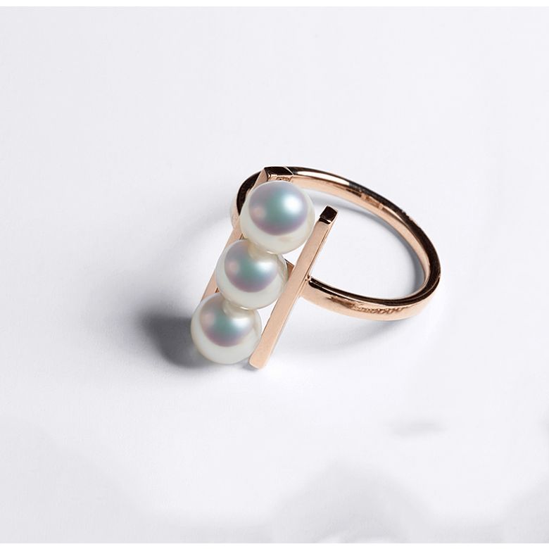 Bague 3 perles Akoya alignées et or rose 18 carats - 8