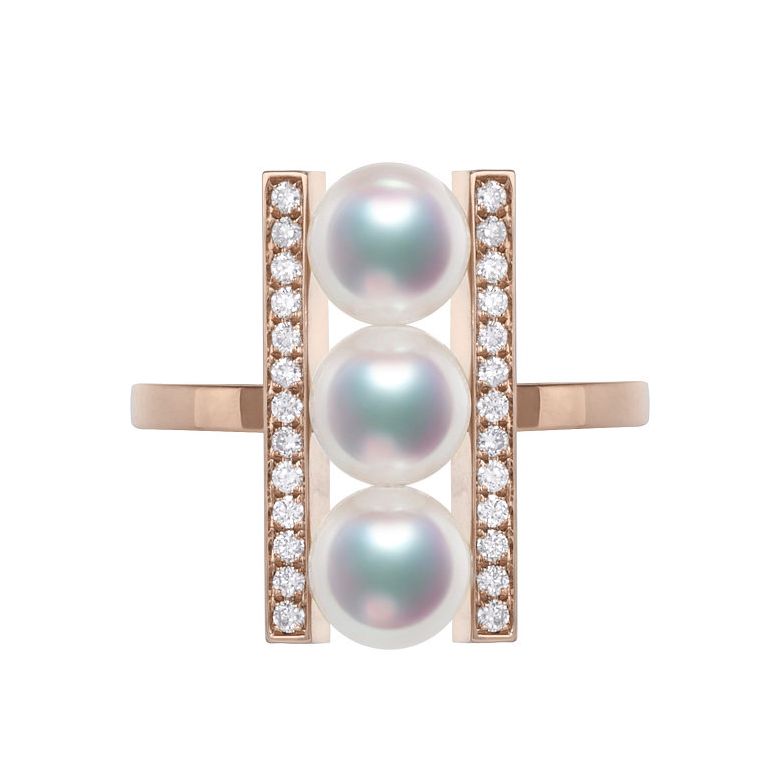 Bague 3 perles Akoya. Monture rail. Or rose, Diamants - 1