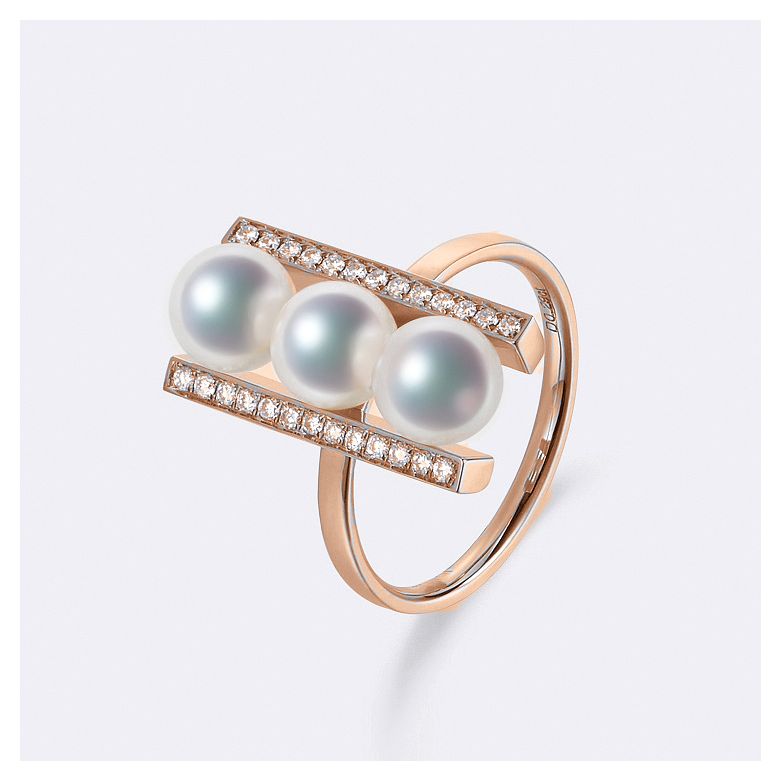 Bague 3 perles Akoya. Monture rail. Or rose, Diamants - 2