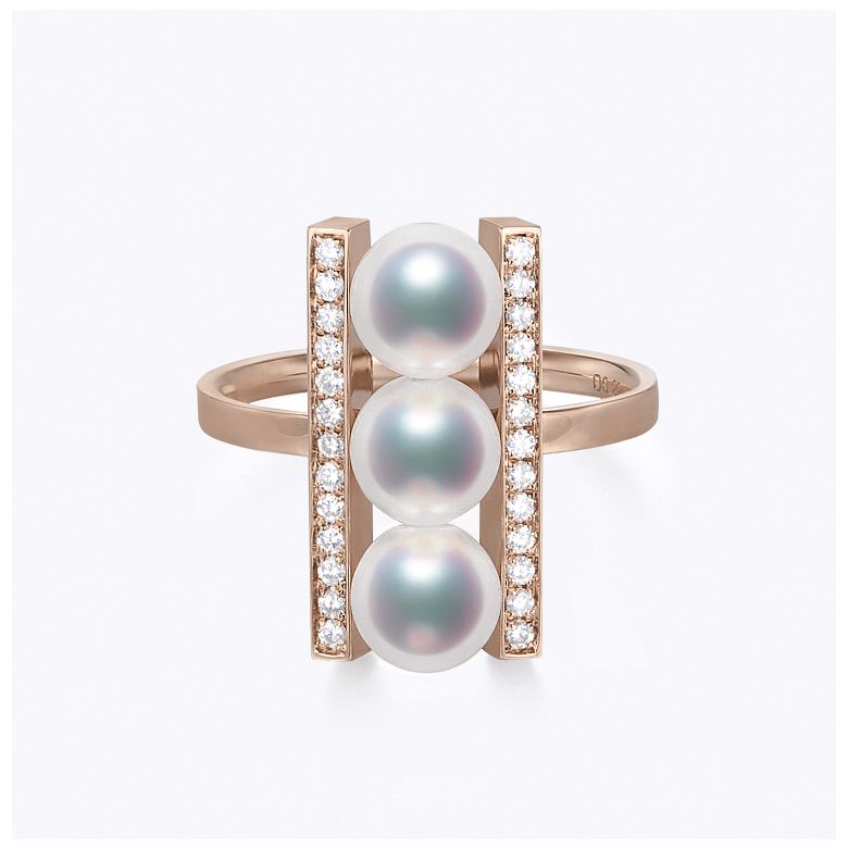 Bague 3 perles Akoya. Monture rail. Or rose, Diamants - 3
