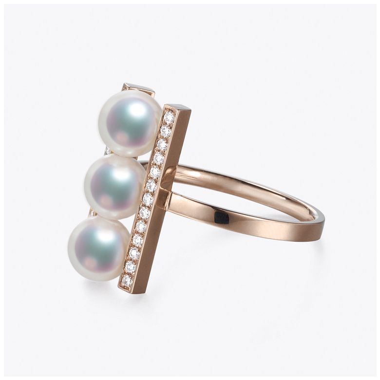 Bague 3 perles Akoya. Monture rail. Or rose, Diamants - 4