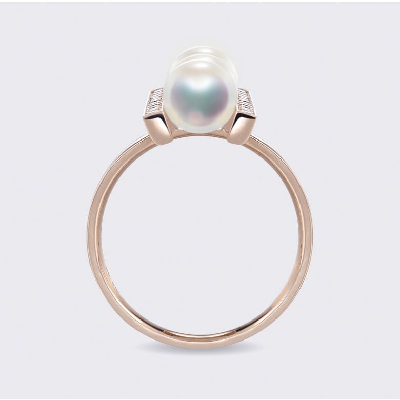 Bague 3 perles Akoya. Monture rail. Or rose, Diamants - 5