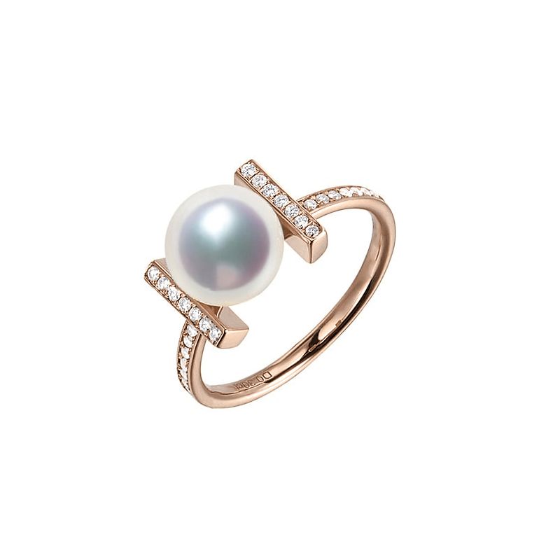 Bague monture rail. Or rose, Diamants sertis et Perle Akoya - 1