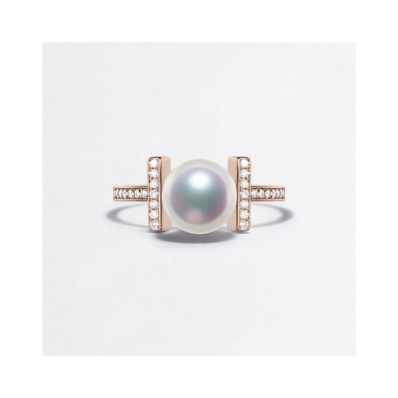 Bague monture rail. Or rose, Diamants sertis et Perle Akoya - 2