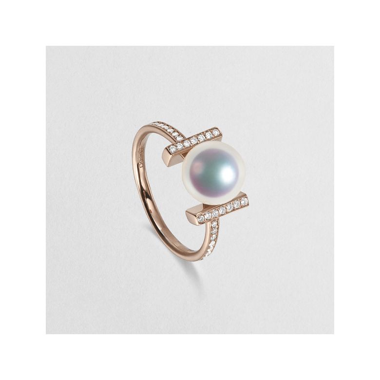 Bague monture rail. Or rose, Diamants sertis et Perle Akoya - 3