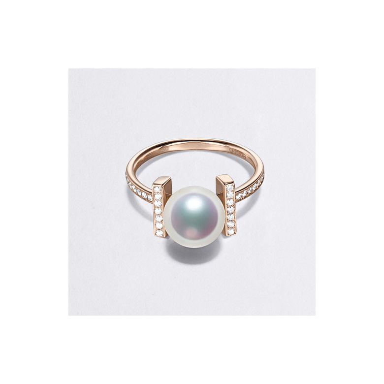 Bague monture rail. Or rose, Diamants sertis et Perle Akoya - 4