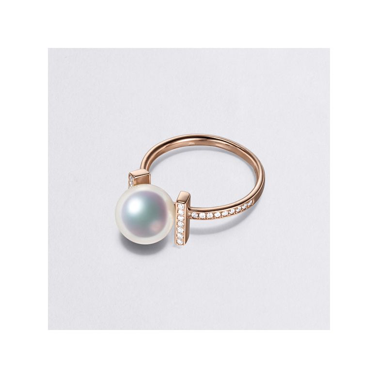 Bague monture rail. Or rose, Diamants sertis et Perle Akoya - 5