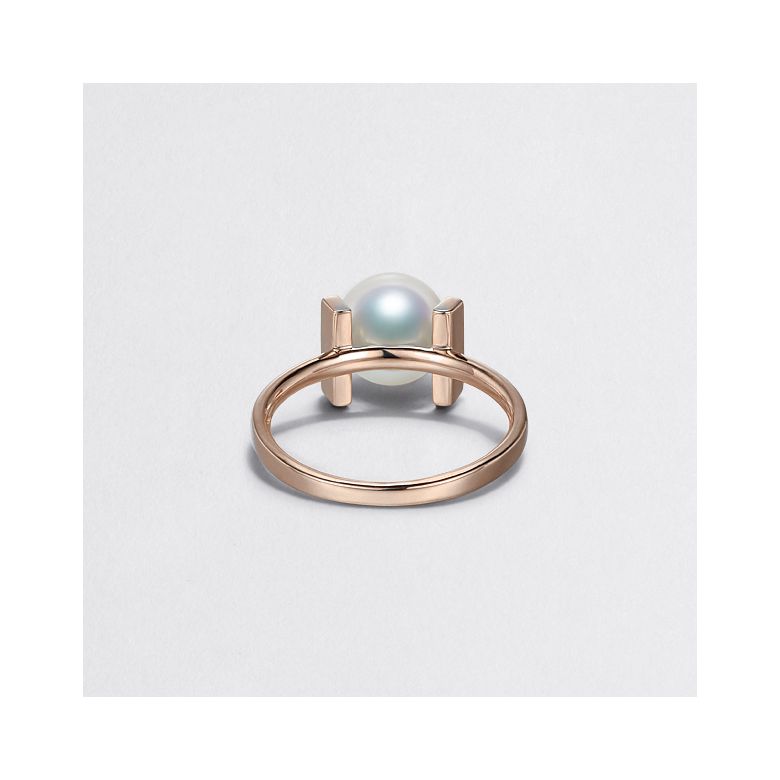 Bague monture rail. Or rose, Diamants sertis et Perle Akoya - 6