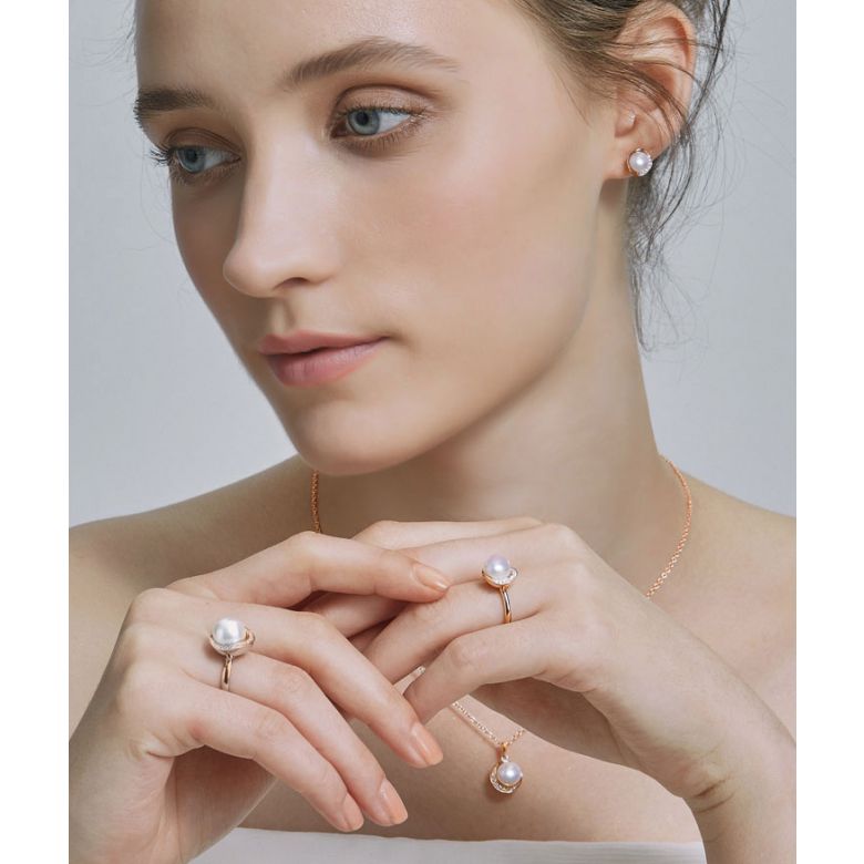Bague Hinata. Couronne Or rose et Diamants. Perle Akoya - 2