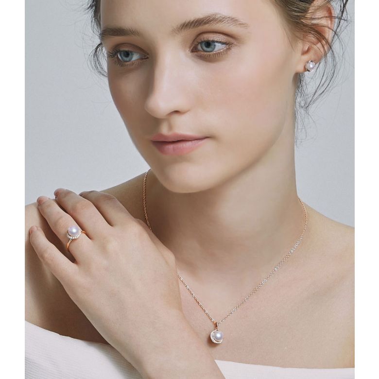 Bague Hinata. Couronne Or rose et Diamants. Perle Akoya - 3