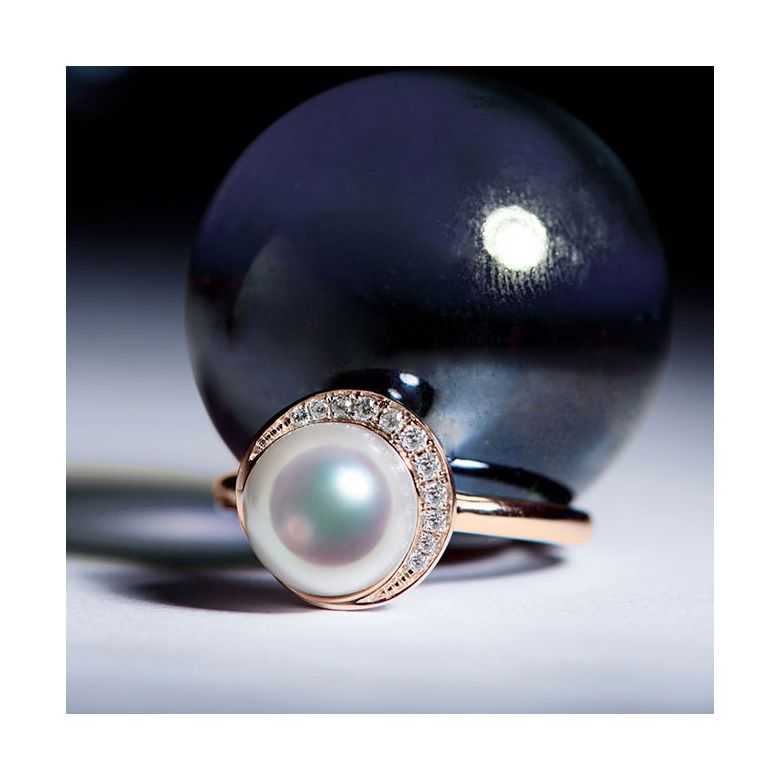 Bague Hinata. Couronne Or rose et Diamants. Perle Akoya - 4