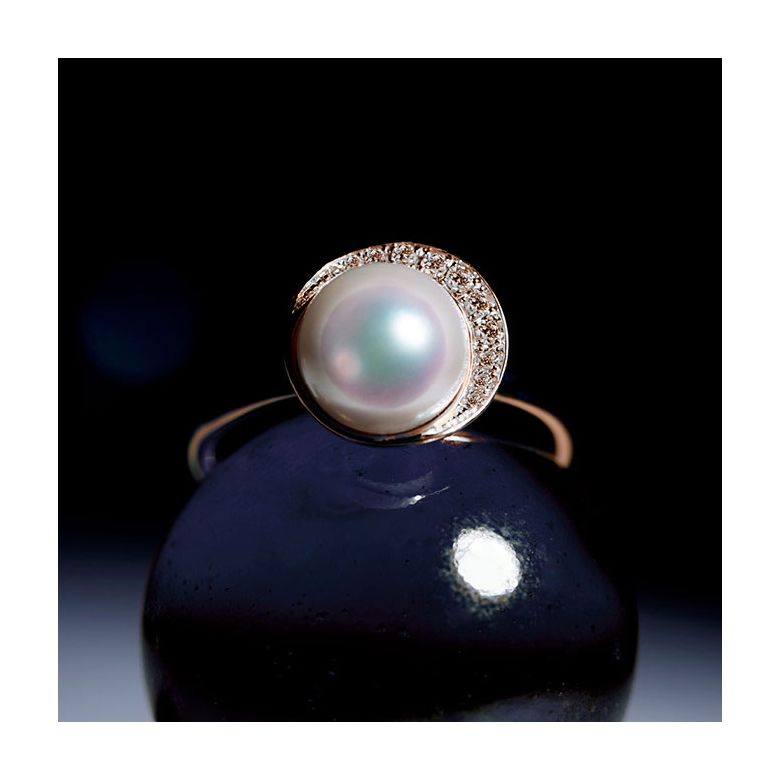 Bague Hinata. Couronne Or rose et Diamants. Perle Akoya - 5
