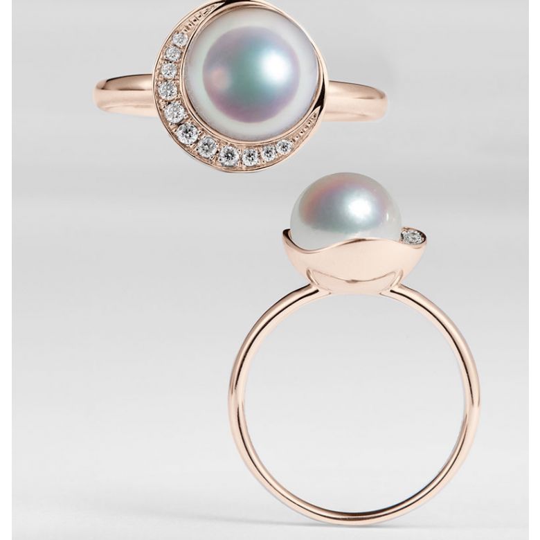 Bague Hinata. Couronne Or rose et Diamants. Perle Akoya - 6