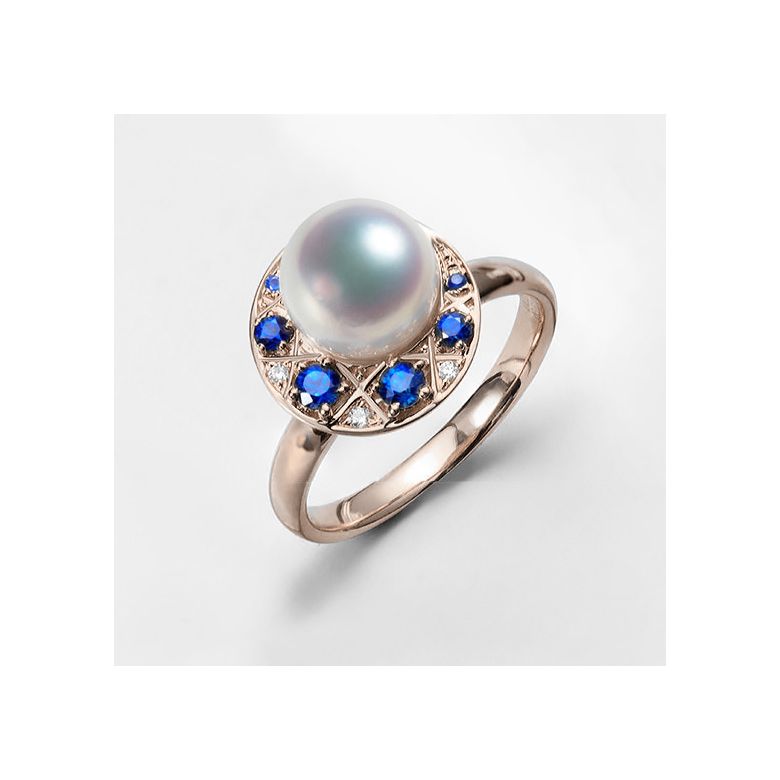 Bague Mikadzuki, Croissant de Lune I Perle Akoya, Saphir, Diamant or rose - 1