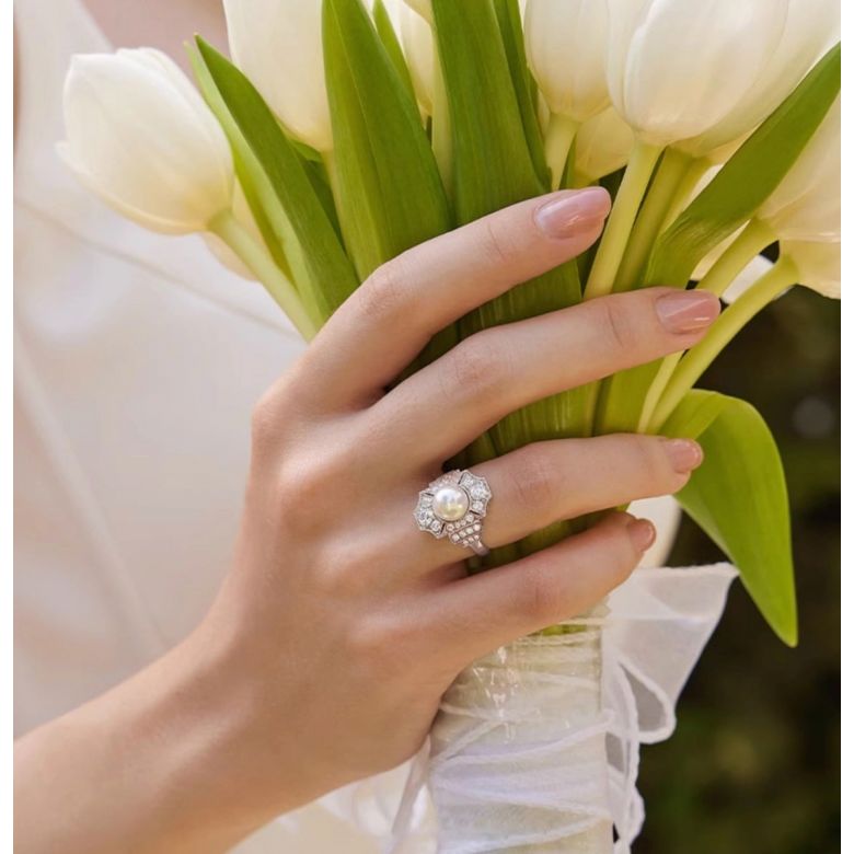 Bague Art Déco Perle Akoya - Collection Géométria Préciosa or rose - 1