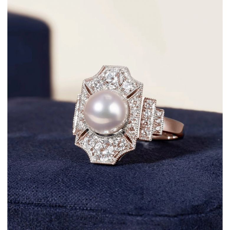 Bague Art Déco Perle Akoya - Collection Géométria Préciosa or rose - 2