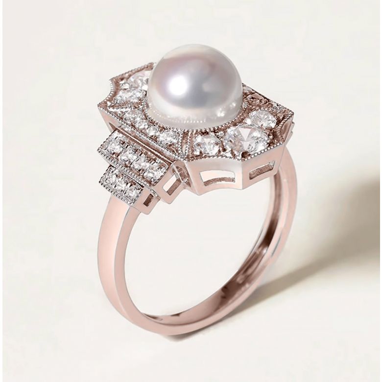 Bague Art Déco Perle Akoya - Collection Géométria Préciosa or rose - 4