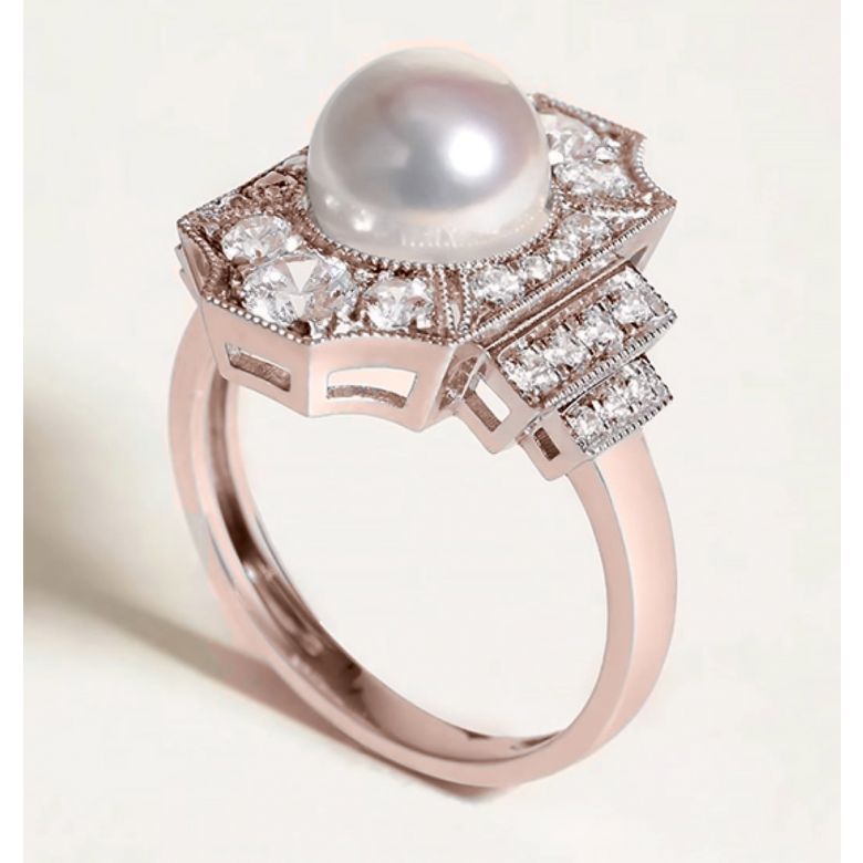 Bague Art Déco Perle Akoya - Collection Géométria Préciosa or rose - 6