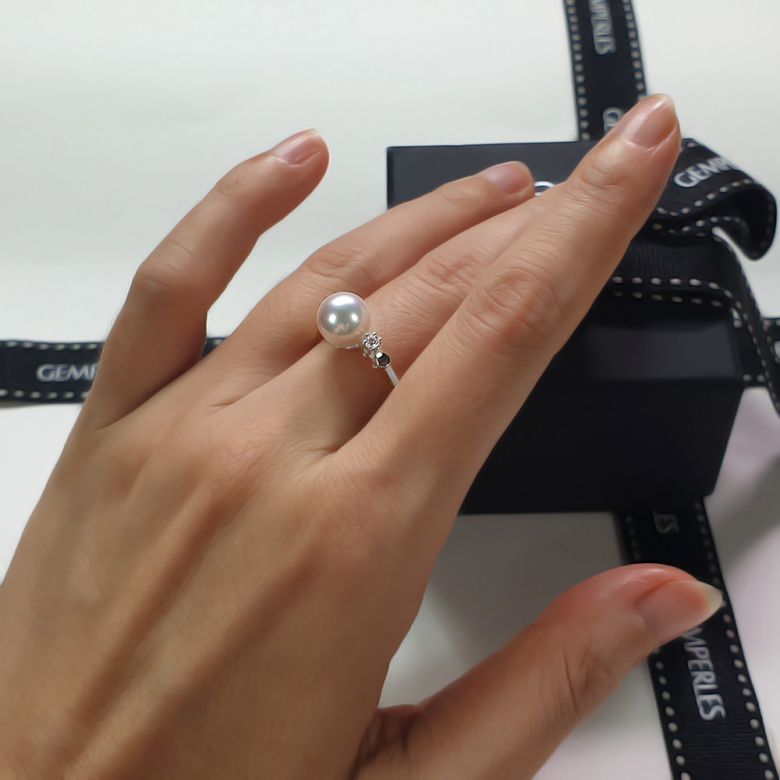 Bague Or blanc. Duo Perle Akoya et Diamant serti - 7