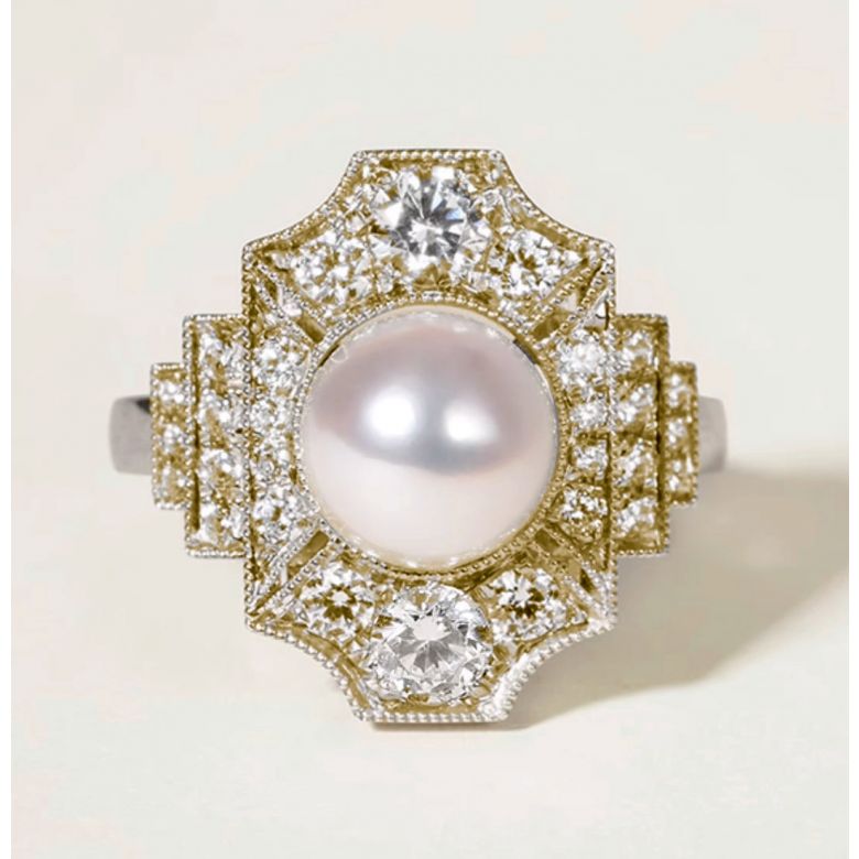 Bague Art Déco Perle Akoya - Collection Géométria Préciosa or jaune - 5