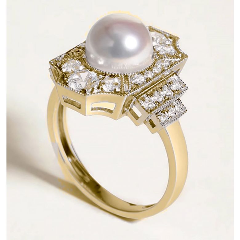 Bague Art Déco Perle Akoya - Collection Géométria Préciosa or jaune - 6