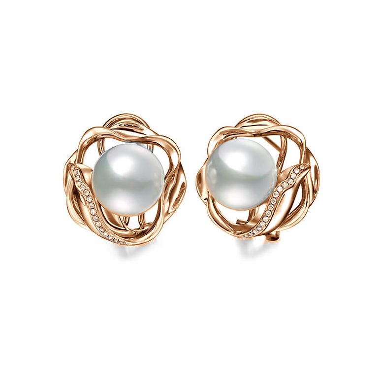Boucles oreilles fleurs lotus - Perles Australie - Or rose, diamants - 1