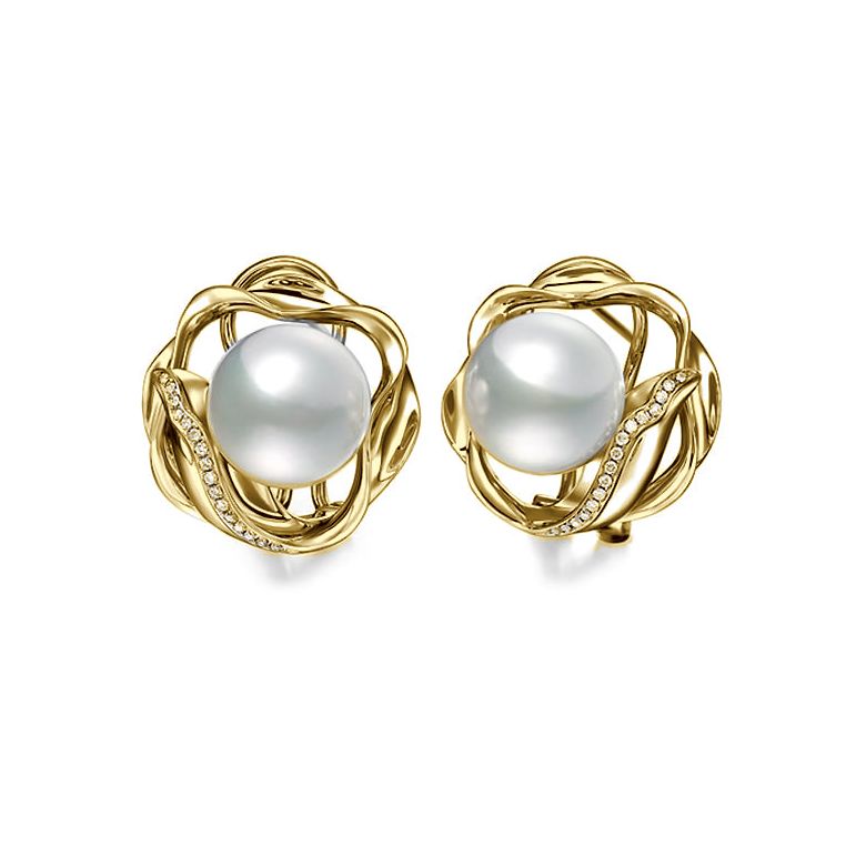 Boucles oreilles fleurs lotus - Perles Australie - Or jaune, diamants - 1