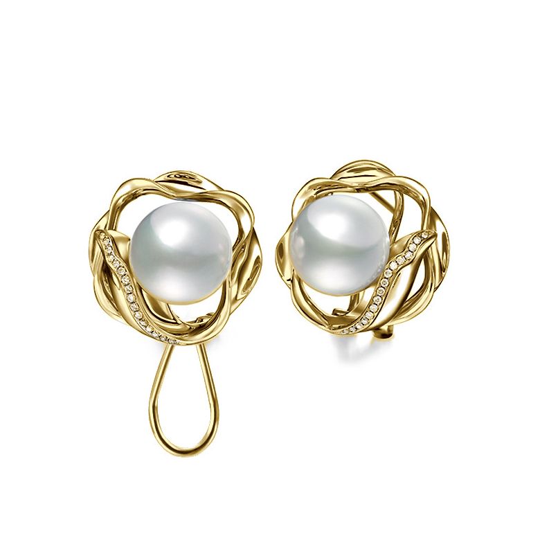 Boucles oreilles fleurs lotus - Perles Australie - Or jaune, diamants - 2